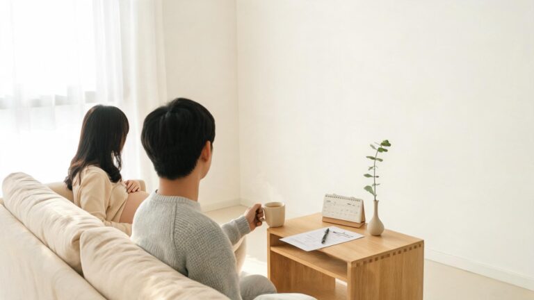 배우자 지원 3종 세트 — 임신한 아내 곁에서 따뜻한 차를 건네는 남편과 휴가 신청서가 놓인 거실